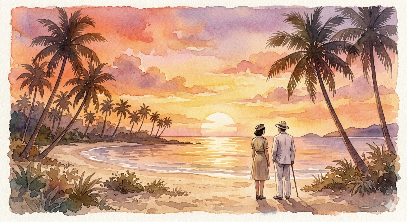 South Pacific the musical — a tropical island sunset with two figures looking out to sea