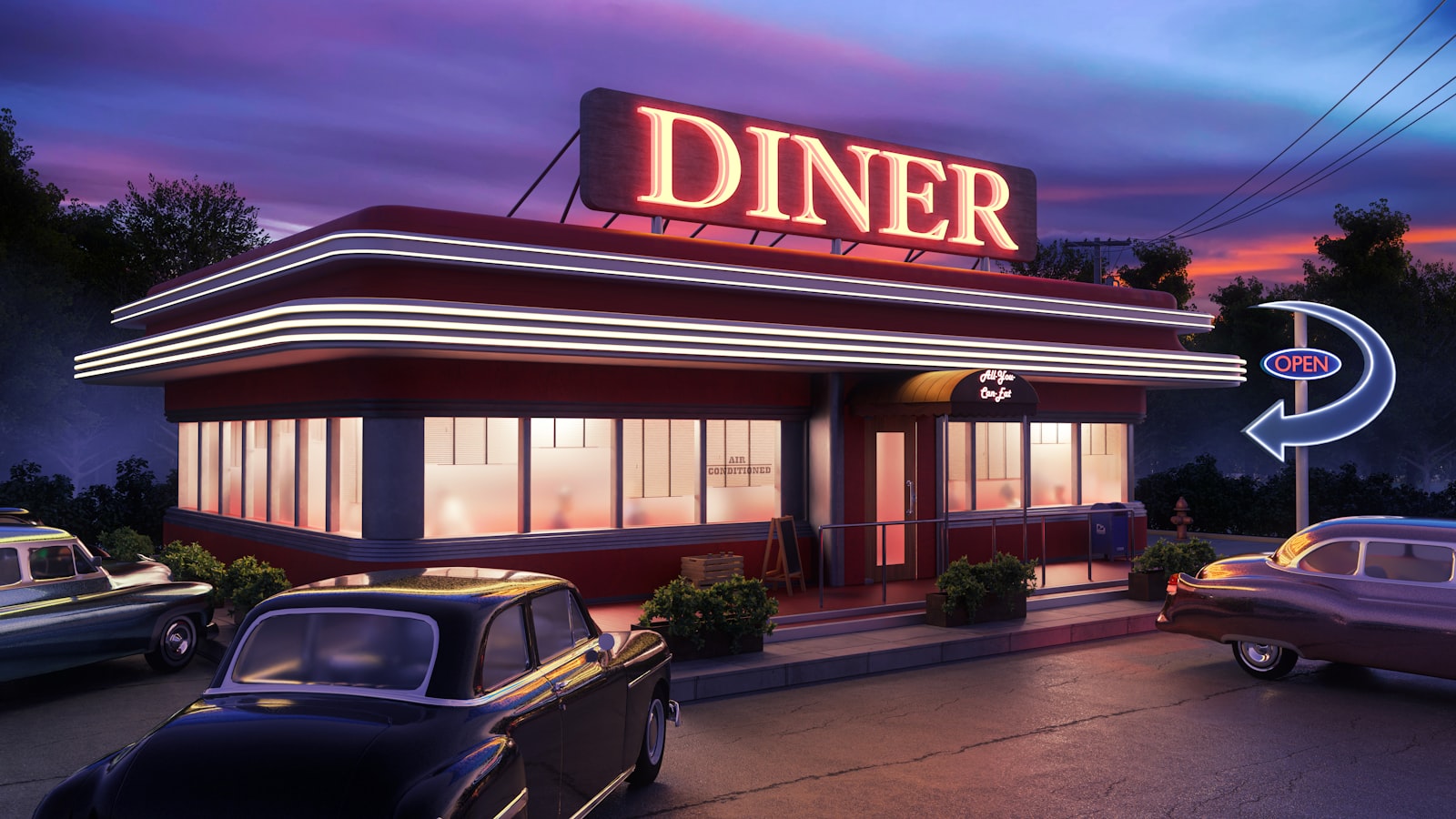 A classic American diner exterior at dusk with vintage cars parked outside